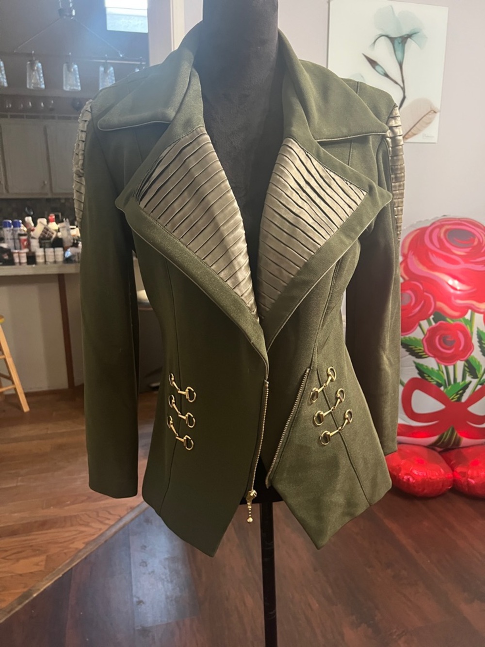Olive Green Women's Military-Style Jacket with Ribbed Detail